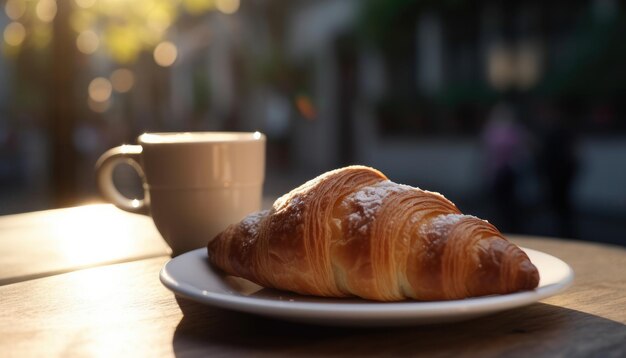 Croissant und Kaffee auf dem Tisch. Sonniger Morgenblick auf die Straße im Hintergrund. Generative KI
