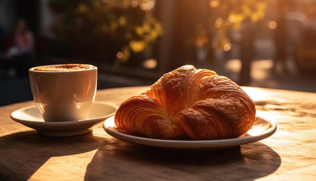 Croissant und Kaffee auf dem Tisch. Sonniger Morgenblick auf die Straße im Hintergrund. Generative KI