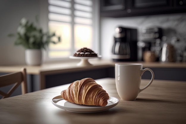 Croissant und Kaffee auf der Küchenarbeitsplatte Illustration AI Generative