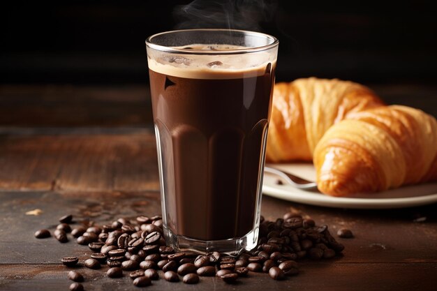 Un croissant y un vaso de café frío