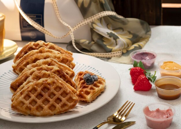 Croissant Waffle oder seine berühmten Namen Croffle auf weißem Teller mit weißem Hintergrund.