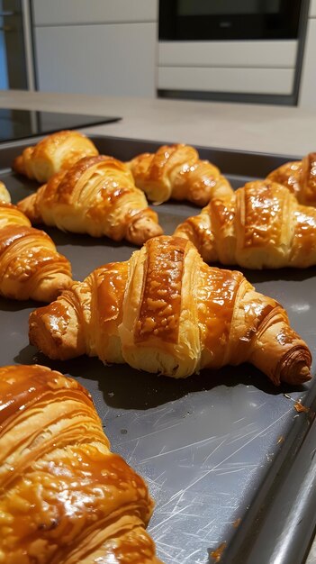 Foto croissants achatados dispostos em uma folha de forno em um cenário de cozinha