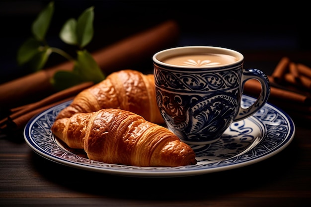 Croissants acompanhados de uma chávena de café