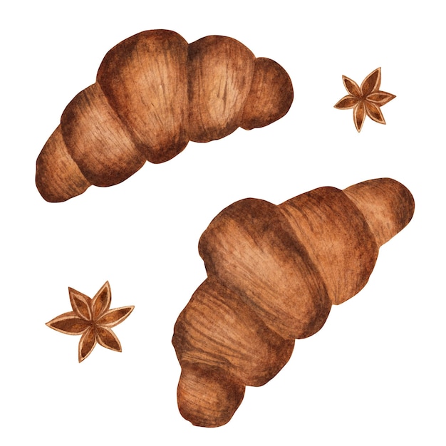 Croissants aislados sobre un fondo blanco Ilustración en acuarela