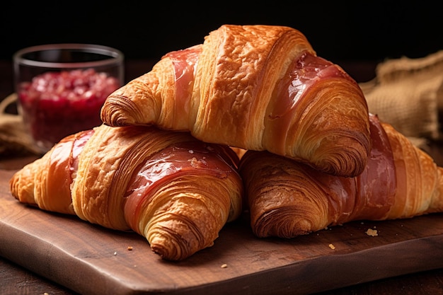 Croissants auf einem Teller mit Miniaturschüsseln mit griechischem Salat