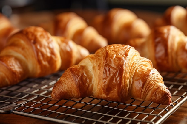 Croissants en una bandeja con cuencos en miniatura de ensalada griega