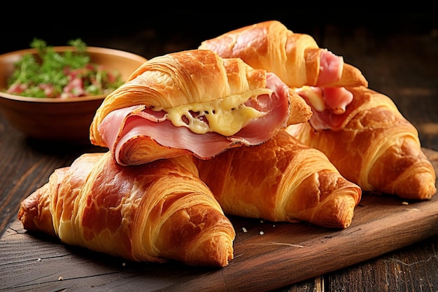 Croissants en una bandeja con cuencos en miniatura de ensalada griega