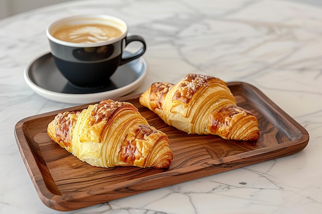 Croissants y una bandeja de desayuno de madera hecha a mano