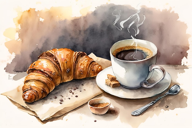 Croissants con café acuarela Generativa AI 4