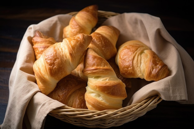 Croissants caseiros em uma cesta pronta para ser assada criada com generative ai