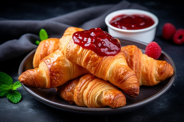 Croissants caseiros frescos e saborosos com geleia de framboesa em cinza