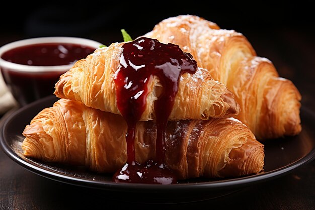 Croissants de chocolate con azúcar en polvo dulce indulgencia de la mañana