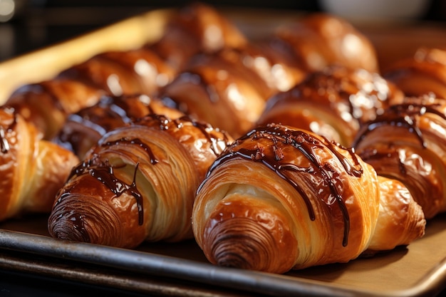 Croissants de chocolate con capas cálidas y escamosas Frescura de panadería