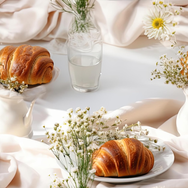 Croissants de café da manhã e leite na toalha de mesa com flores em azulejo