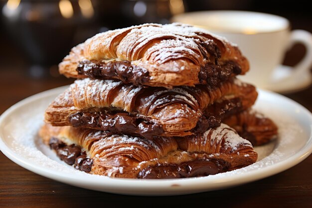 Croissants de chocolate com camadas quentes e flocosas Frescura de padaria