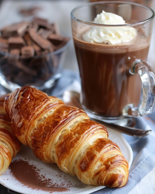 Croissants dourados pulverizados com açúcar em pó servidos com uma caneca de chocolate quente uma combinação de pequeno-almoço perfeita