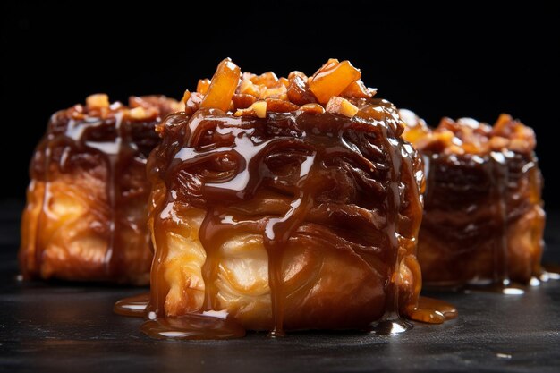 Croissants e bolinhos pegajosos com caramelo