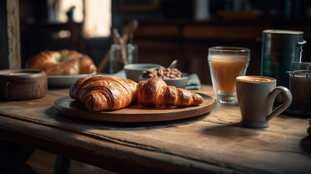 Croissants e geléia em uma mesa de madeira em uma cozinha rústica generative ai