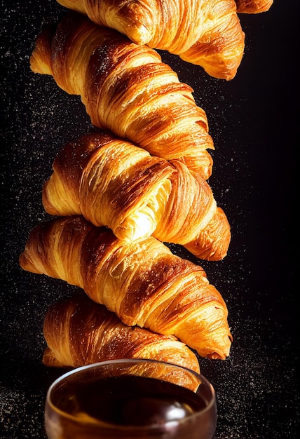 Croissants e pãezinhos amanteigados frescos e planos