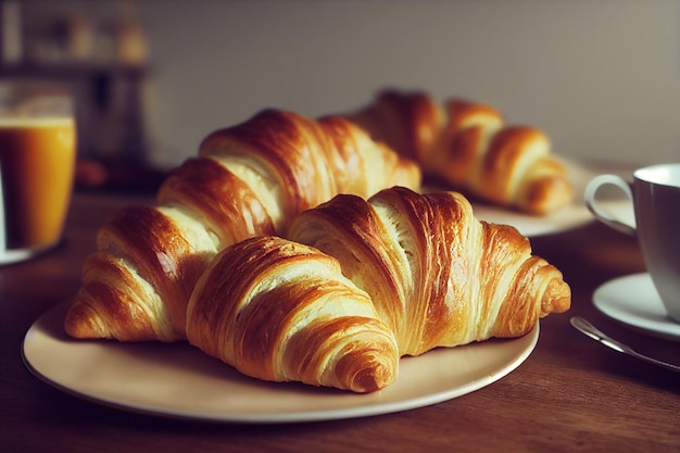 Croissants e pãezinhos amanteigados frescos e planos