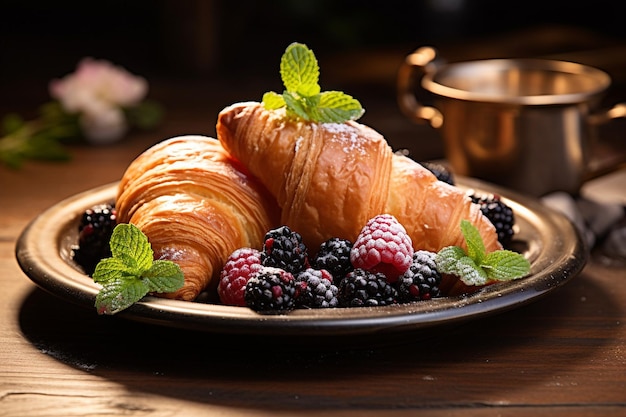 Croissants em um prato com mangas cortadas e limão