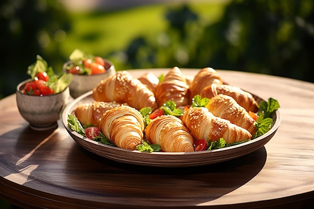 Croissants em um prato com tigelas em miniatura de salada grega