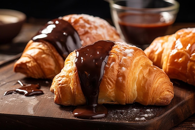 Croissants em um prato com tigelas em miniatura de salada grega