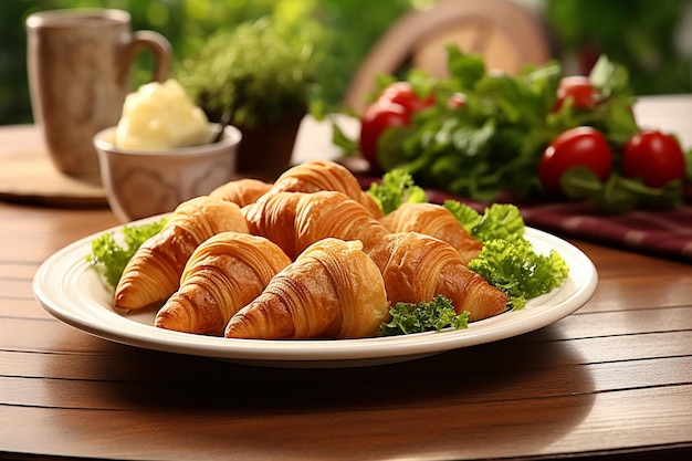 Croissants em um prato com tigelas em miniatura de salada grega