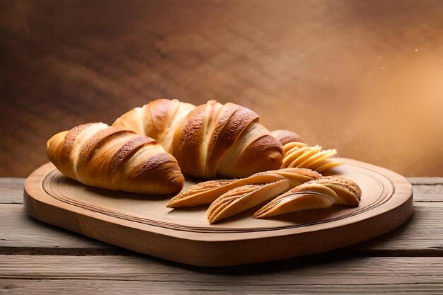 Croissants em um prato de madeira com um fogo ao fundo.