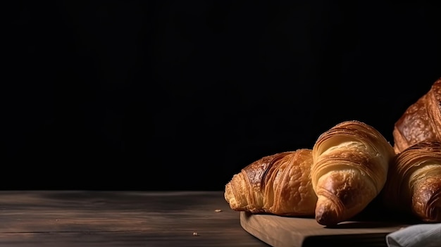 Croissants em uma mesa de madeira com fundo preto