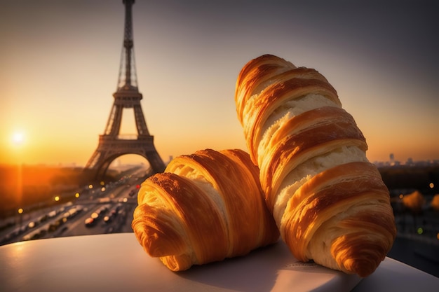 Croissants franceses en una cafetería con la Torre Eiffel de fondo IA generativa