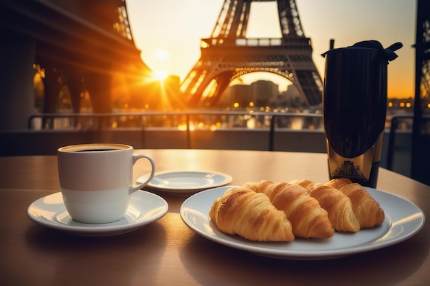 Croissants franceses en una cafetería con la Torre Eiffel de fondo IA generativa