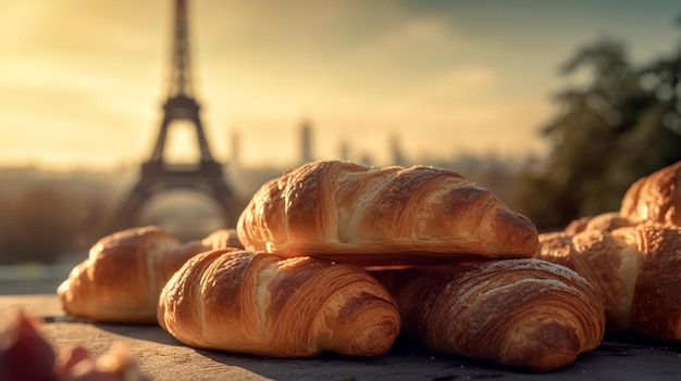 Croissants franceses deliciosos no fundo romântico da torre Eiffel Paris Generative AI