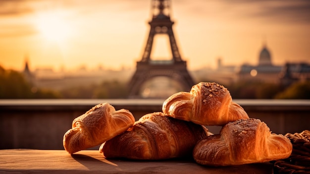 Croissants franceses deliciosos no fundo romântico da torre Eiffel Paris Generative AI