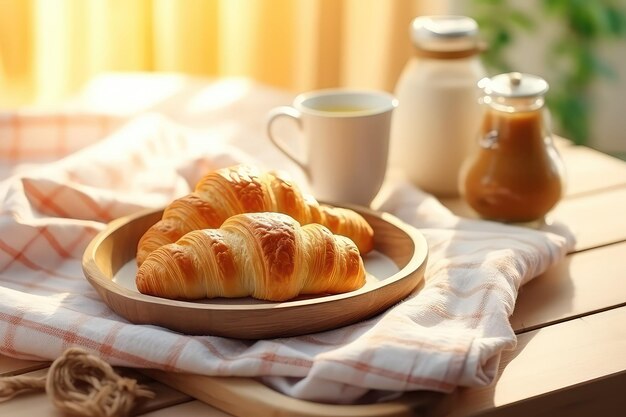 Foto croissants franceses e copos de cerâmica com chá