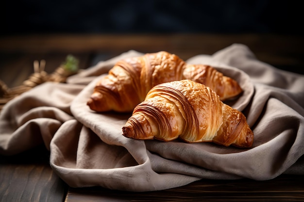 Croissants franceses frescos en un mantel