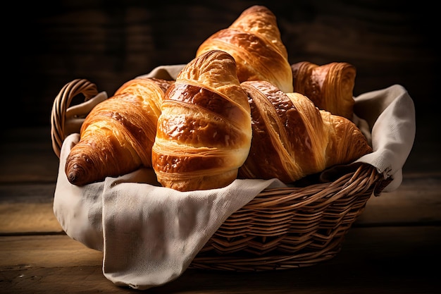 Croissants franceses y productos de pastelería en la canasta