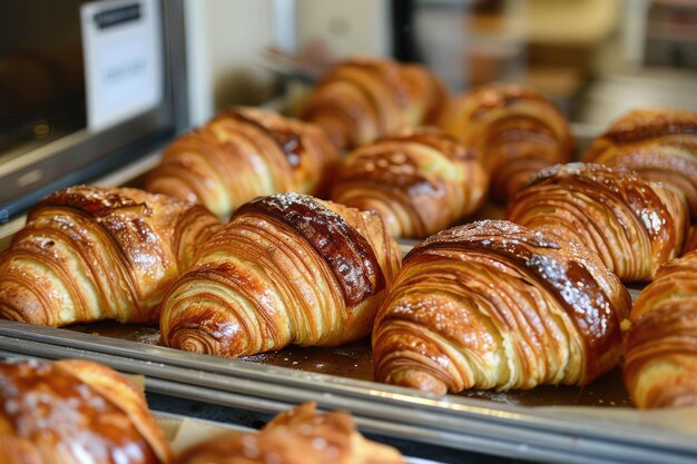 Foto croissants franceses recién horneados en una bandeja de horneado