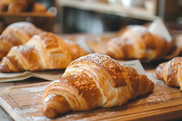 Foto croissants franceses recién horneados en una tabla de madera