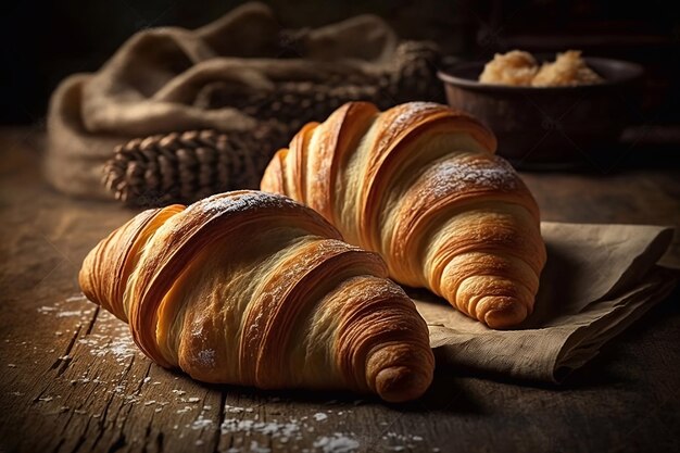 Croissants franceses rojos con azúcar en polvo sobre un fondo de mesa de madera