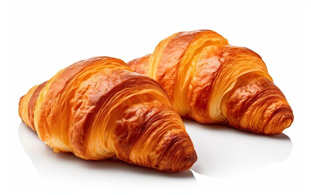 Croissants frescos al horno sobre un fondo blanco aislado