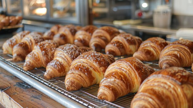 Croissants frescos assados em display rack Croissants castanhos dourados esfriando em um rack de metal com um fundo de padaria representando produtos frescos de padaria