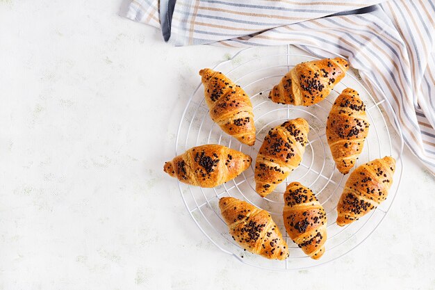 Croissants frescos caseiros com chocolate. Vista superior, sobrecarga