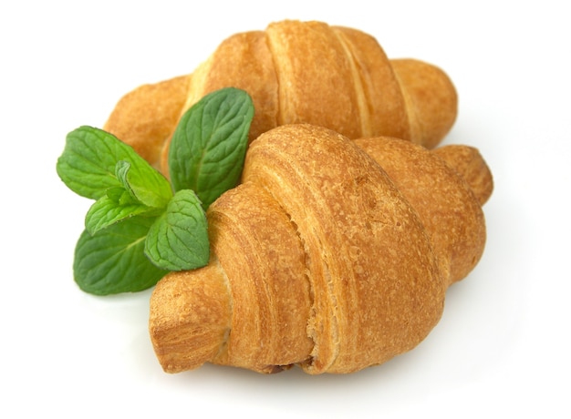 Croissants frescos com hortelã em um fundo branco