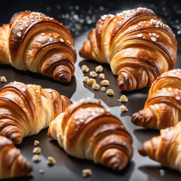 Foto croissants frescos y deliciosos en la mesa contra un fondo oscuro