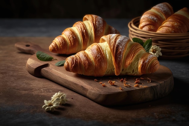 Croissants frescos em uma geração de IA de tábua de madeira