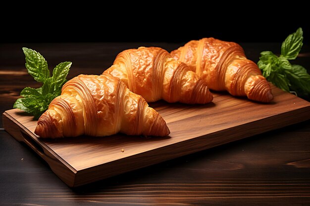 Croissants frescos exhibidos en una tabla de madera que proporciona espacio