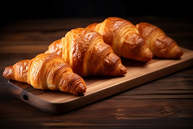 Croissants frescos exhibidos en una tabla de madera que proporciona espacio