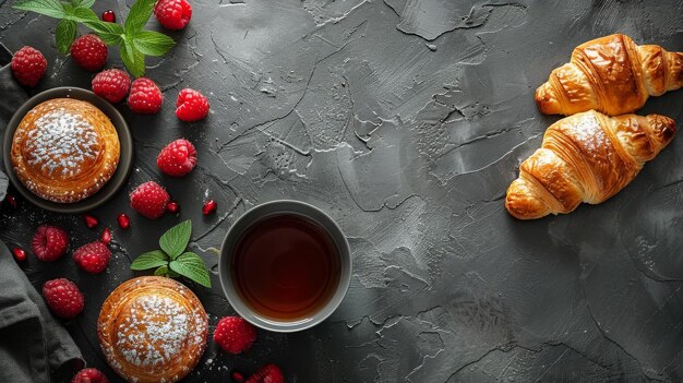 Croissants frescos, huevos y otros alimentos en la mesa