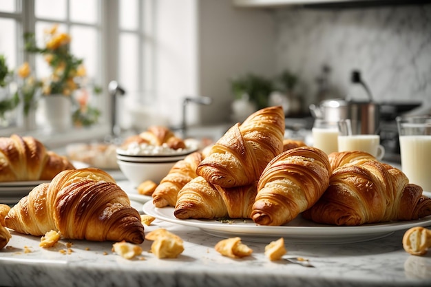 Croissants frescos num prato branco na cozinha